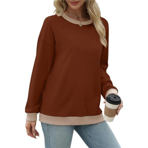 Womens color block sweatshirt crewneck long sleeve loose fit casual top 2025 - Picture 3 of 5